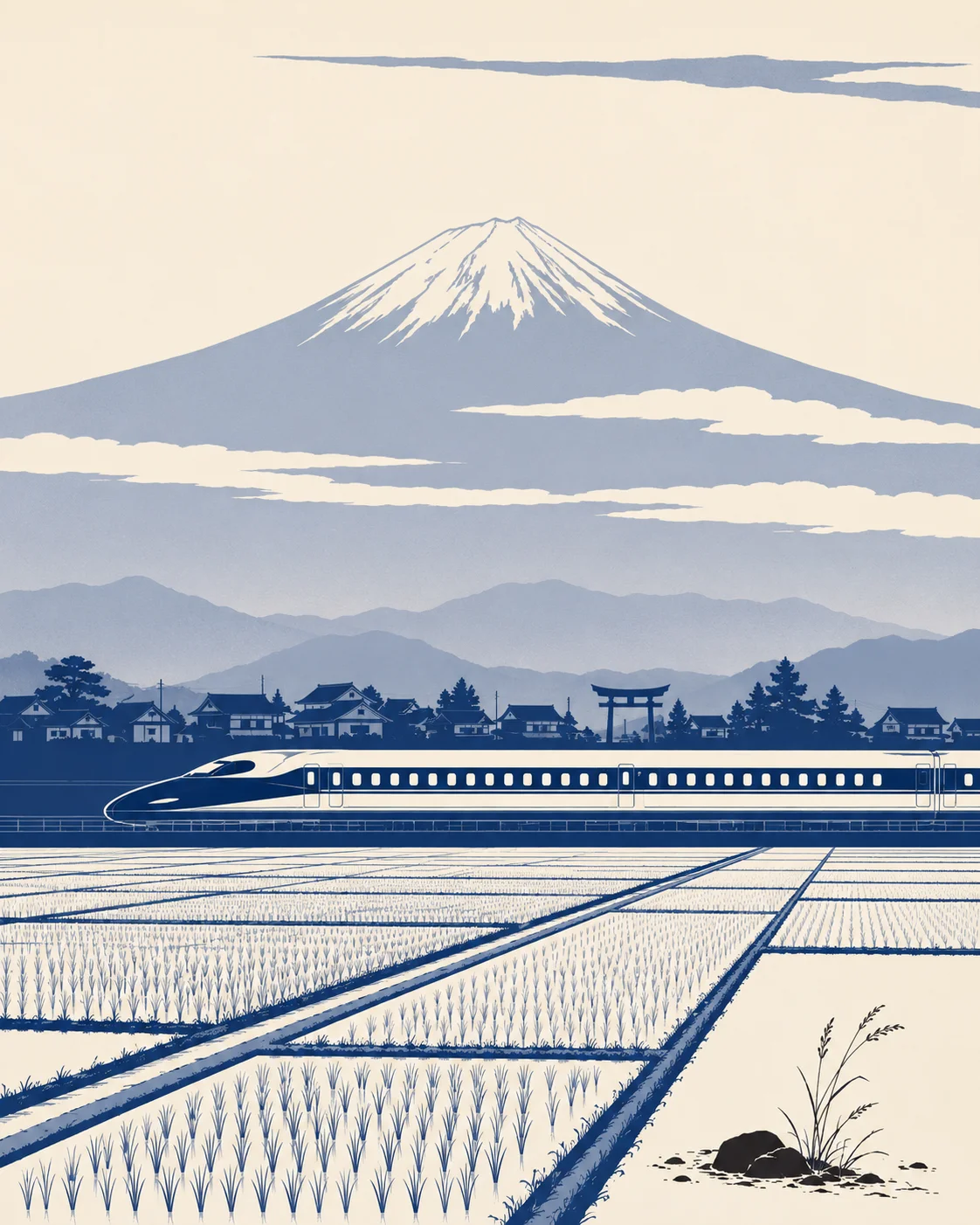 Vector illustration: a Shinkansen tracing ricefields beneath a silhouetted Mt Fuji, in indigo and cream